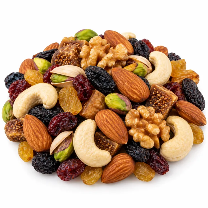 A mix of almonds, cashews, walnuts, pistachios and dried fruits